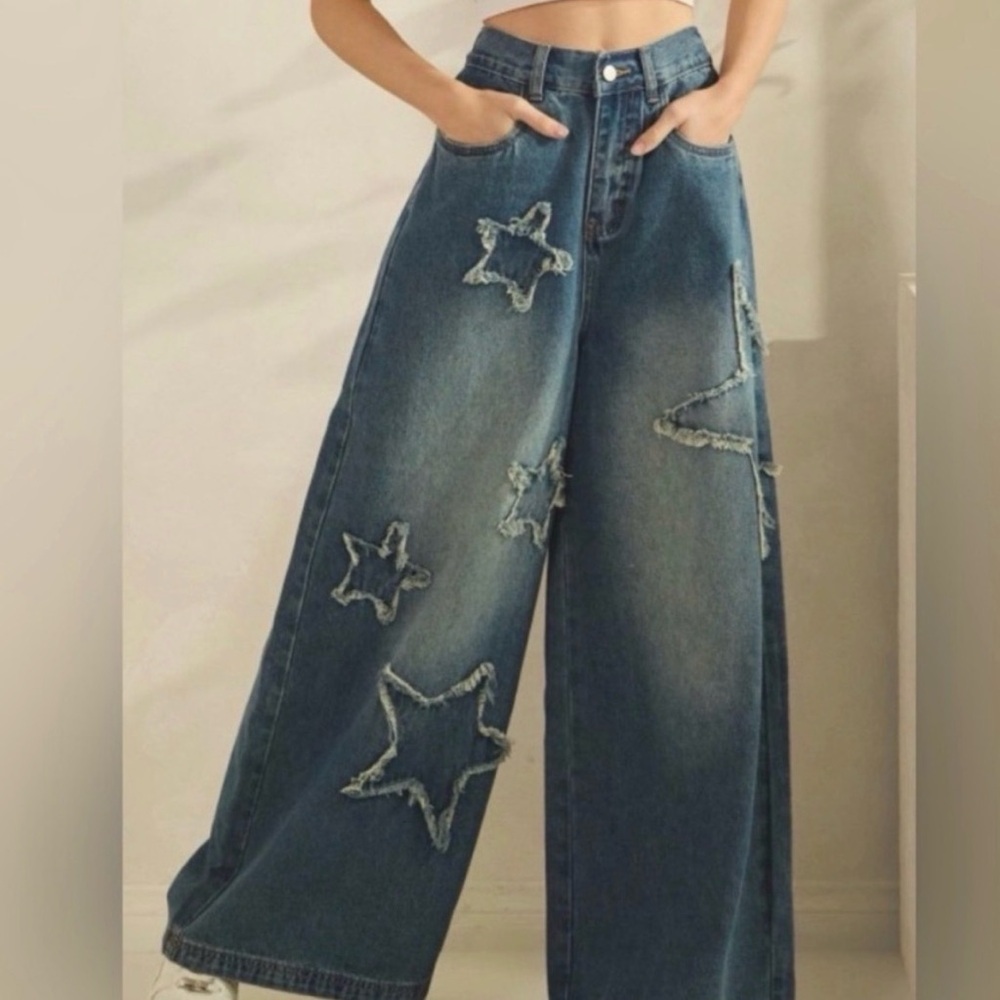 Sage +Fig L Appliqué Star Blue Denim Wide Leg Jeans